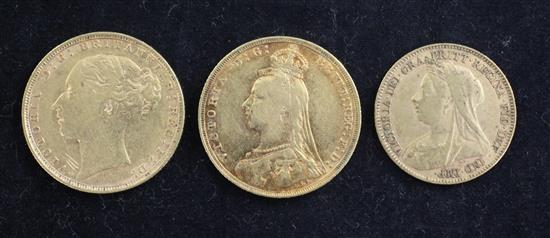 Two Victoria gold sovereigns, 1884 and 1892, (3)